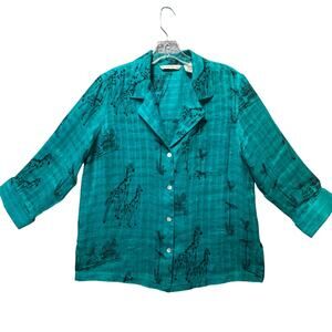 French Laundry Button-Up Linen Novelty Giraffe Print Shirt Blue Black Women M